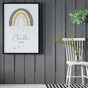 Personalized name Wall art Baby nursery decor boho rainbow blue gray neutral